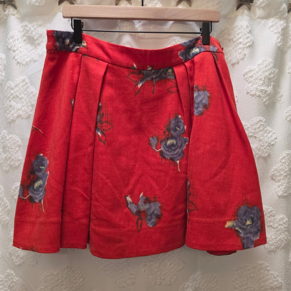 Odille Anthropologie Red Wool Floral Pleated Mini Skirt Size 14 Purple Flower